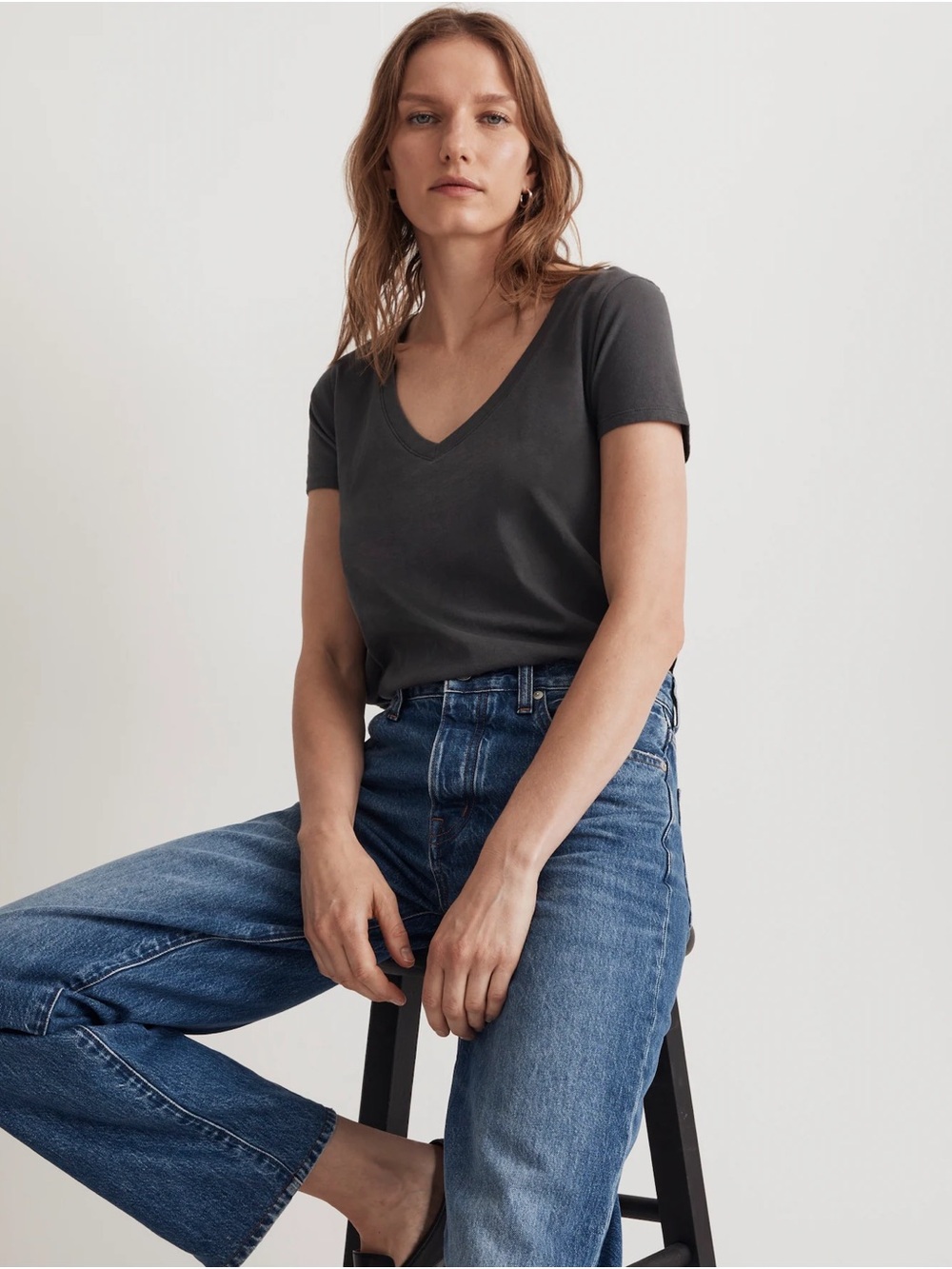 Madewell Softfade Cotton V-Neck Crop Tee - Coal - Large